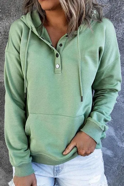 Solid Button Drawstring Hoodie