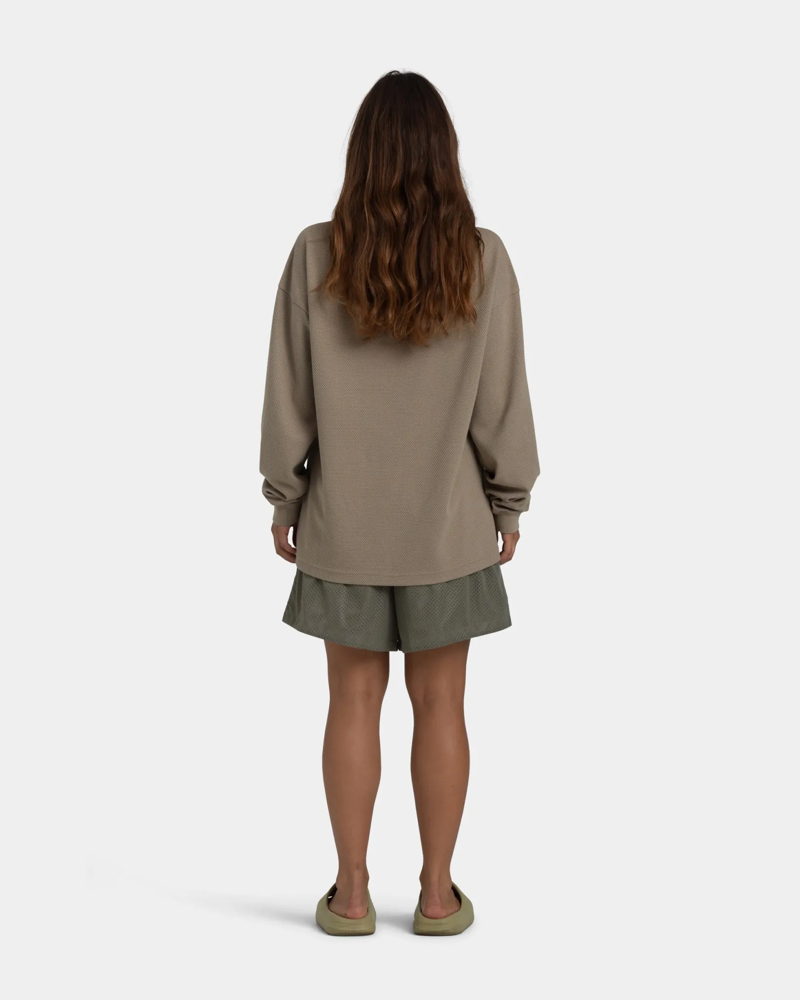 Womens Long Sleeve Waffle Texture Sports Tee in Sand Color