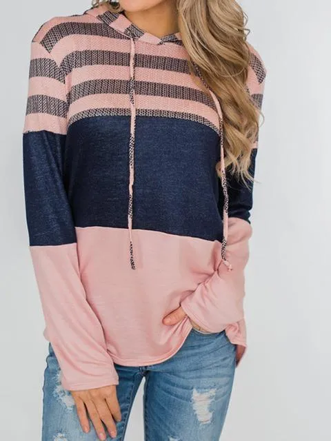 Striped Color Block Drawstring Casual Sweatshirt Hoodie