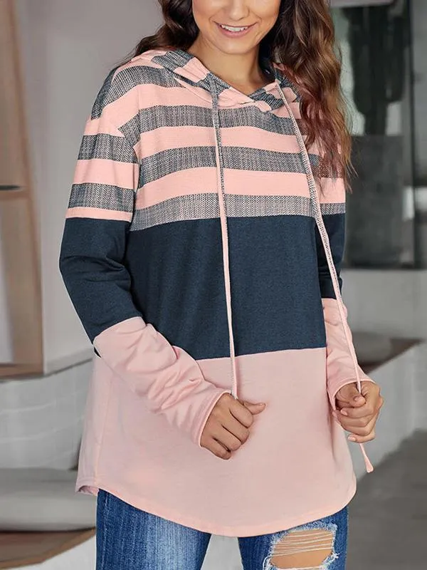 Striped Color Block Drawstring Casual Sweatshirt Hoodie