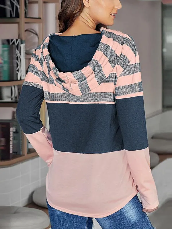Striped Color Block Drawstring Casual Sweatshirt Hoodie