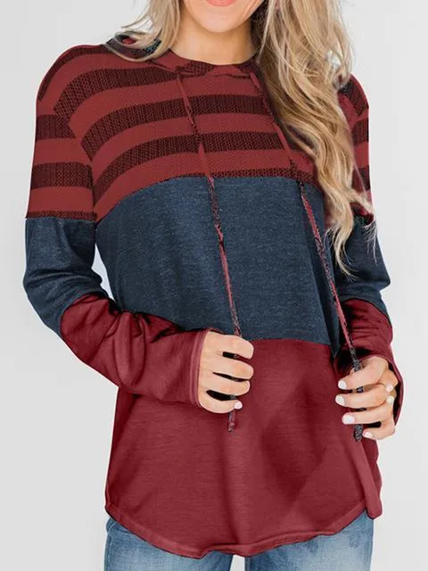 Striped Color Block Drawstring Casual Sweatshirt Hoodie