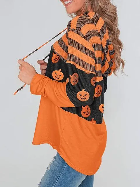 Striped Color Block Drawstring Casual Sweatshirt Hoodie