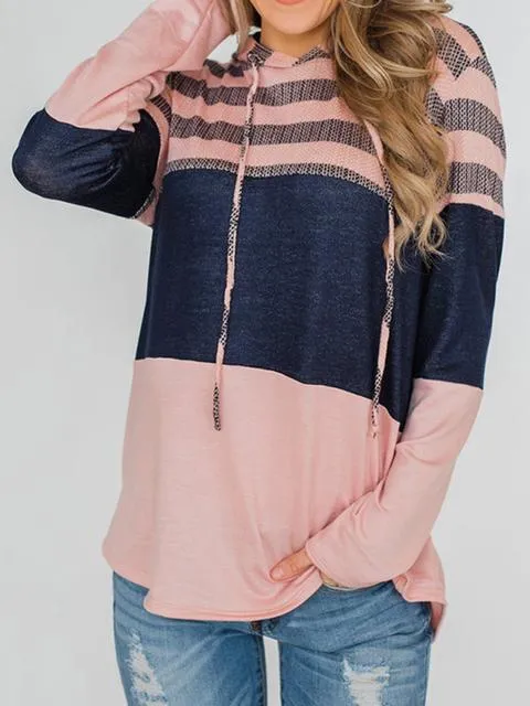 Striped Color Block Drawstring Casual Sweatshirt Hoodie