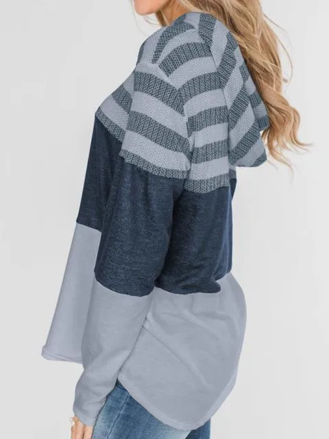 Striped Color Block Drawstring Casual Sweatshirt Hoodie