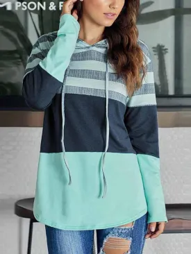 Striped Color Block Drawstring Casual Sweatshirt Hoodie