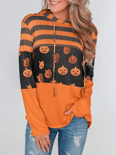 Striped Color Block Drawstring Casual Sweatshirt Hoodie