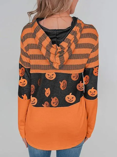 Striped Color Block Drawstring Casual Sweatshirt Hoodie
