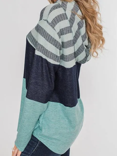 Striped Color Block Drawstring Casual Sweatshirt Hoodie