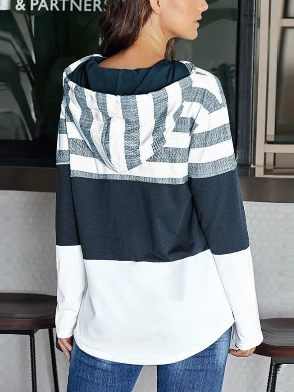 Striped Color Block Drawstring Casual Sweatshirt Hoodie