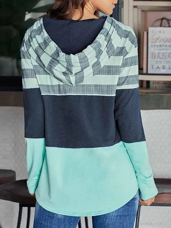 Striped Color Block Drawstring Casual Sweatshirt Hoodie