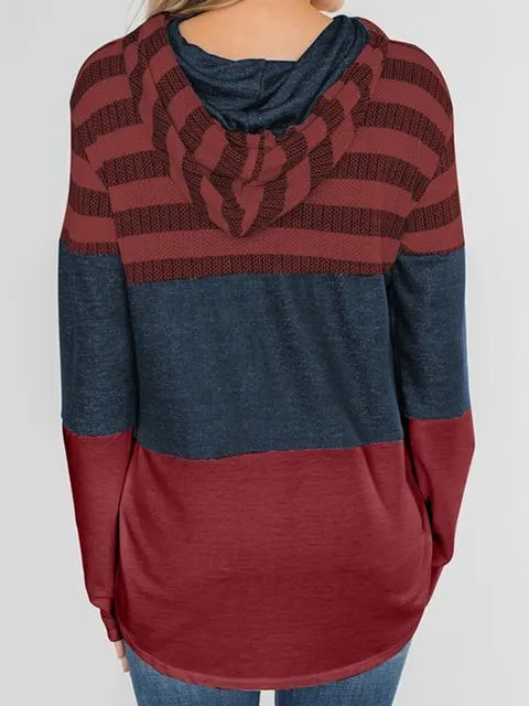 Striped Color Block Drawstring Casual Sweatshirt Hoodie