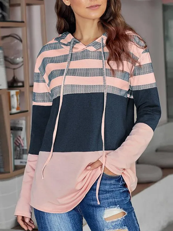 Striped Color Block Drawstring Casual Sweatshirt Hoodie