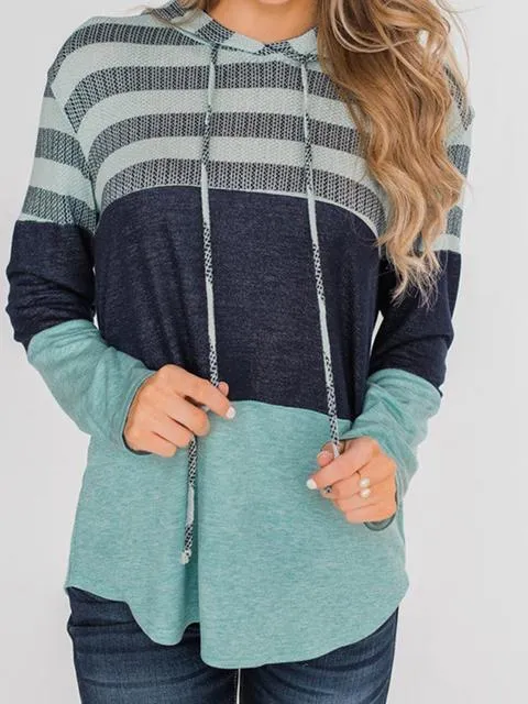 Striped Color Block Drawstring Casual Sweatshirt Hoodie
