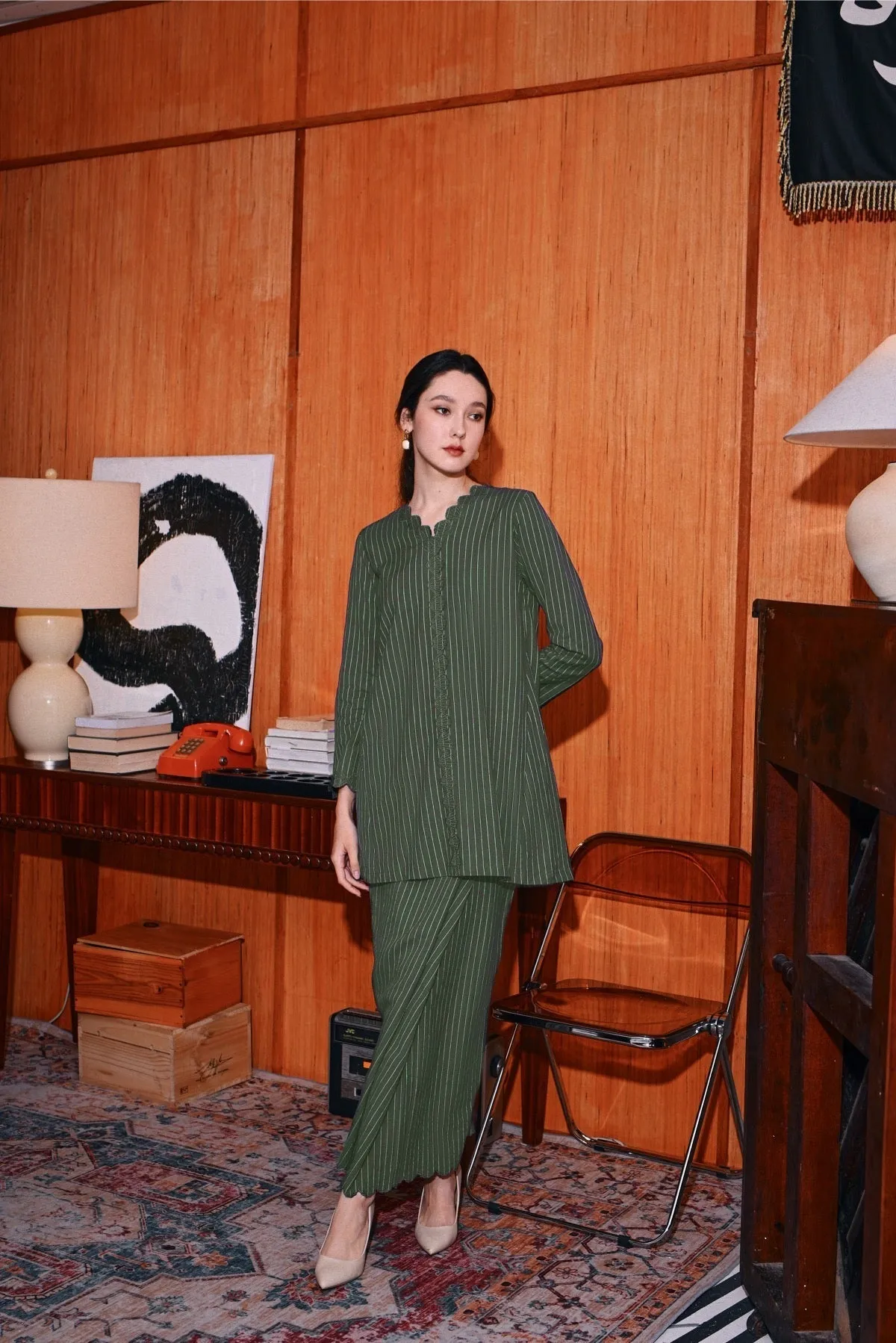 The Congkak Women Folded Skirt - Olive Stripe