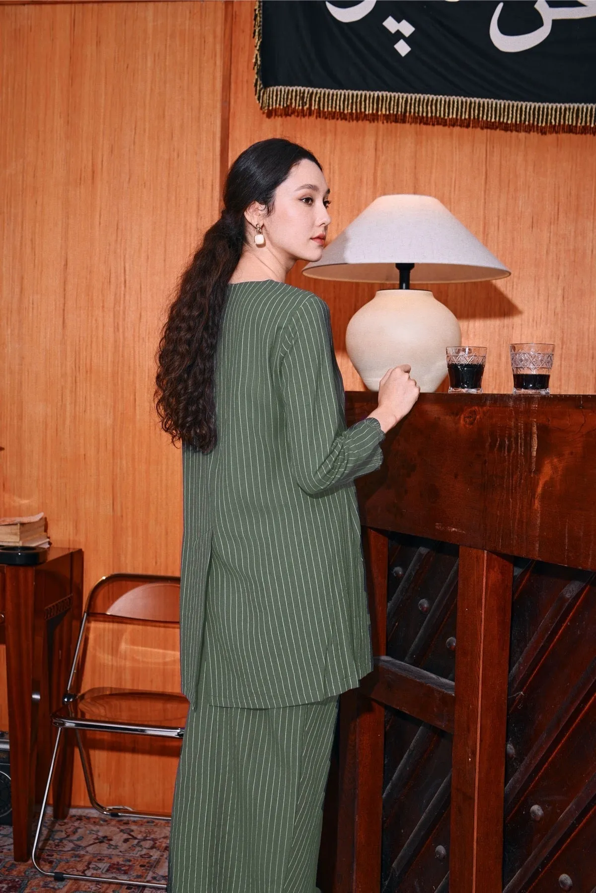 The Congkak Women Folded Skirt - Olive Stripe