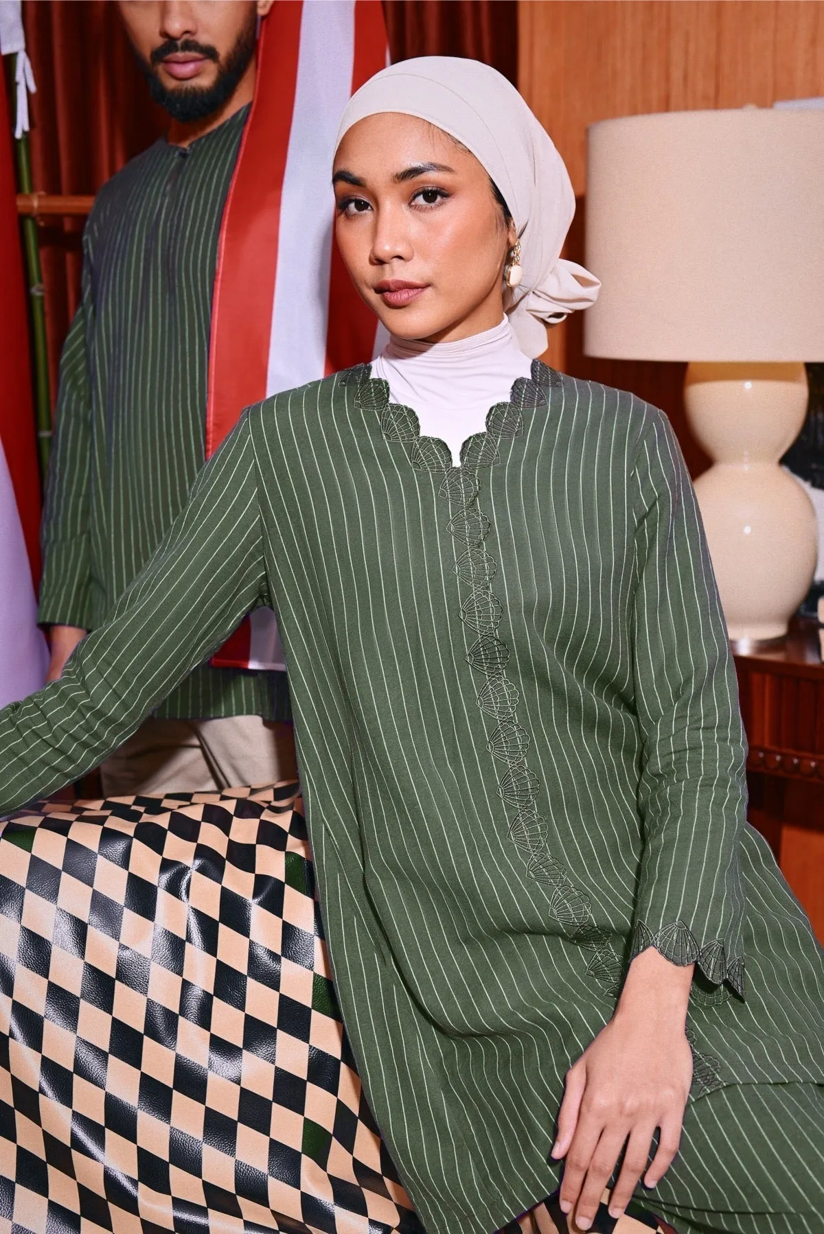 The Congkak Women Folded Skirt - Olive Stripe