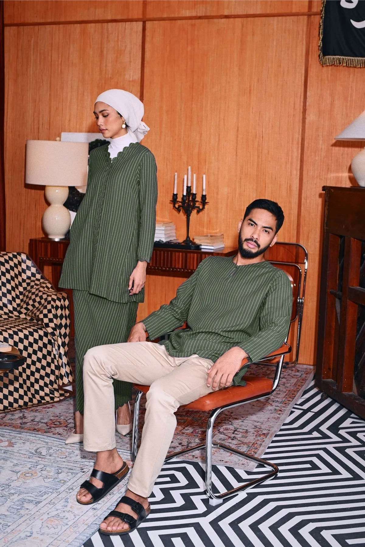The Congkak Women Folded Skirt - Olive Stripe