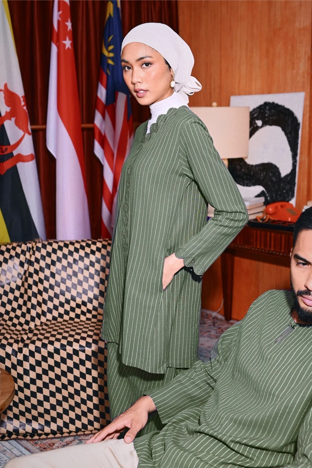 The Congkak Women Folded Skirt - Olive Stripe