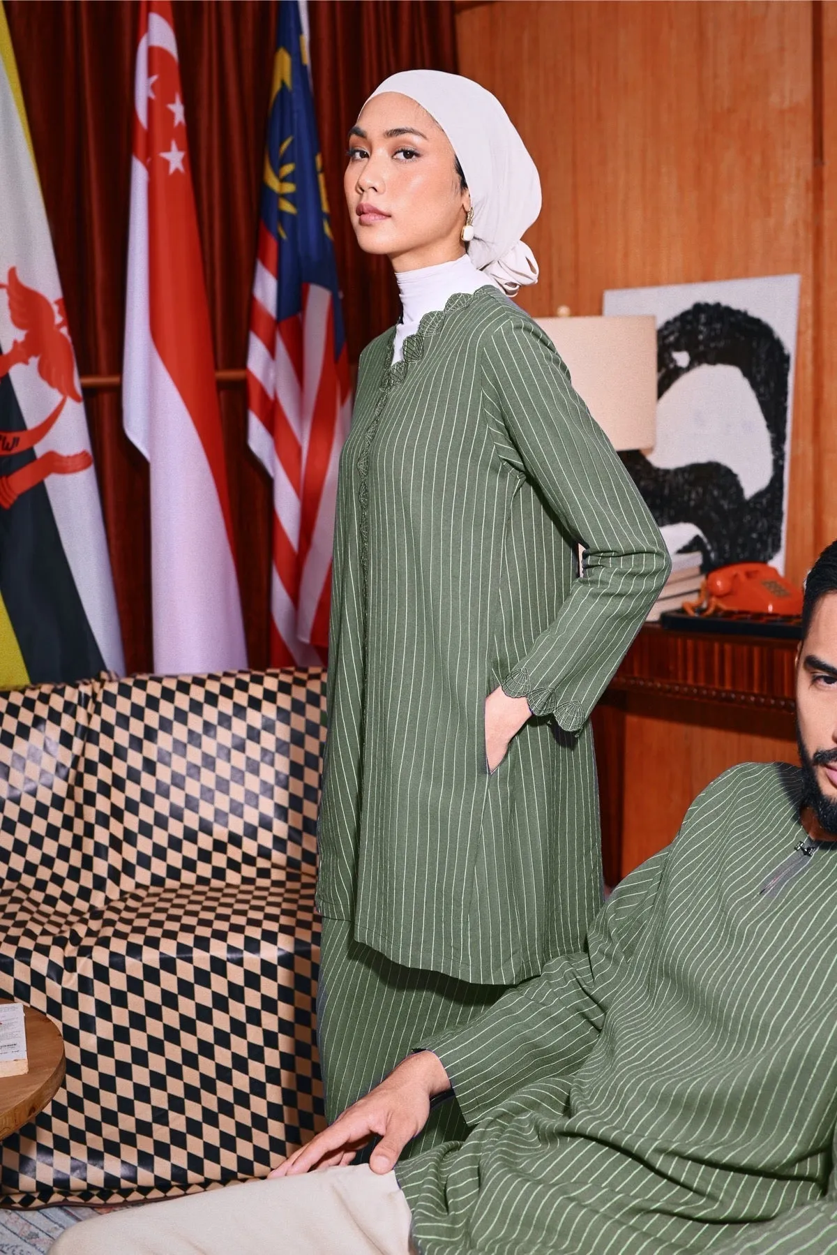 The Congkak Women Folded Skirt - Olive Stripe