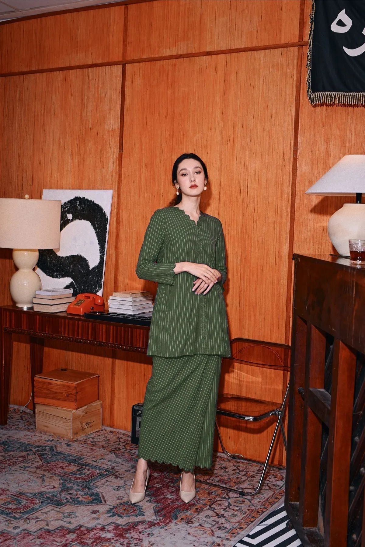 The Congkak Women Folded Skirt - Olive Stripe
