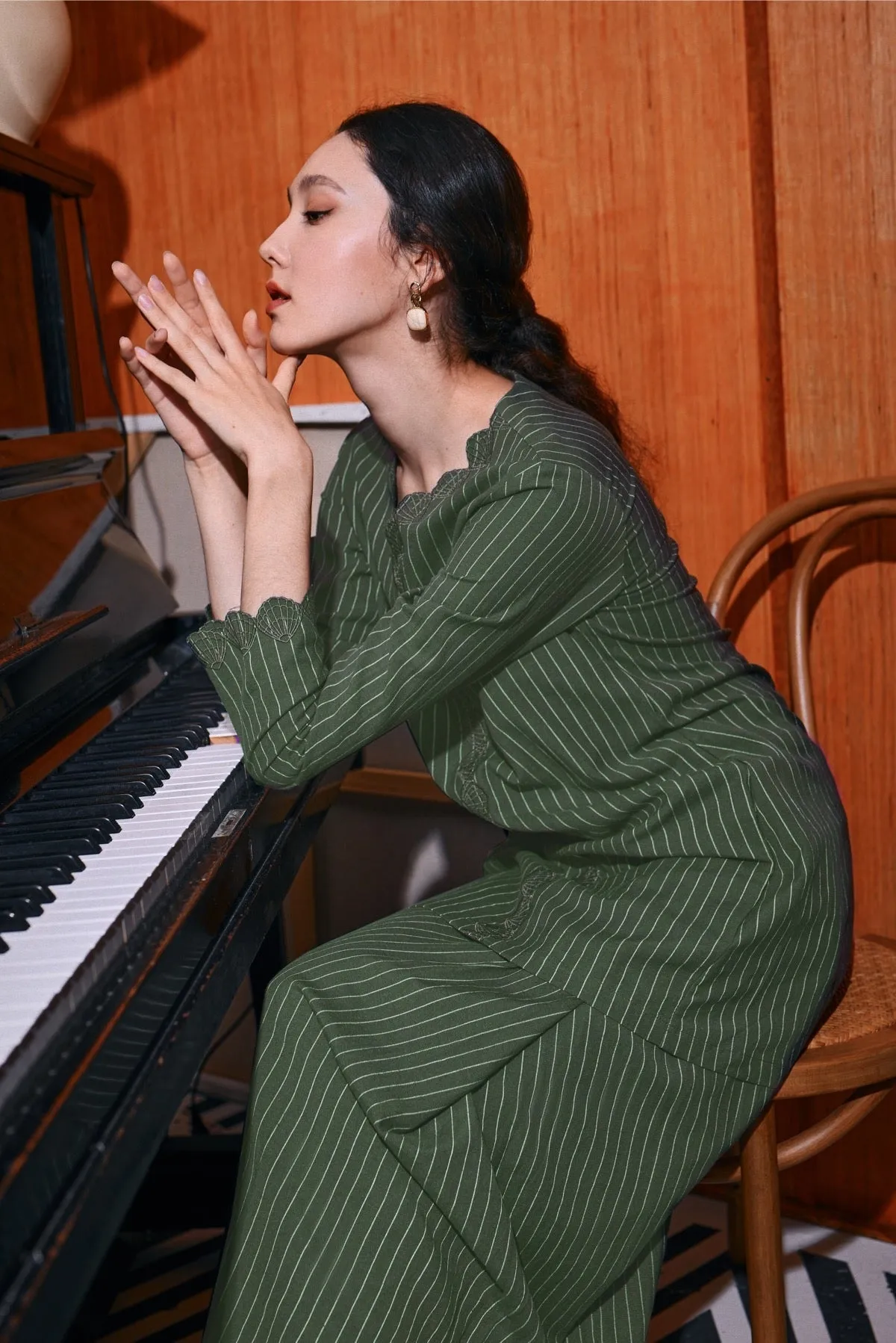 The Congkak Women Folded Skirt - Olive Stripe