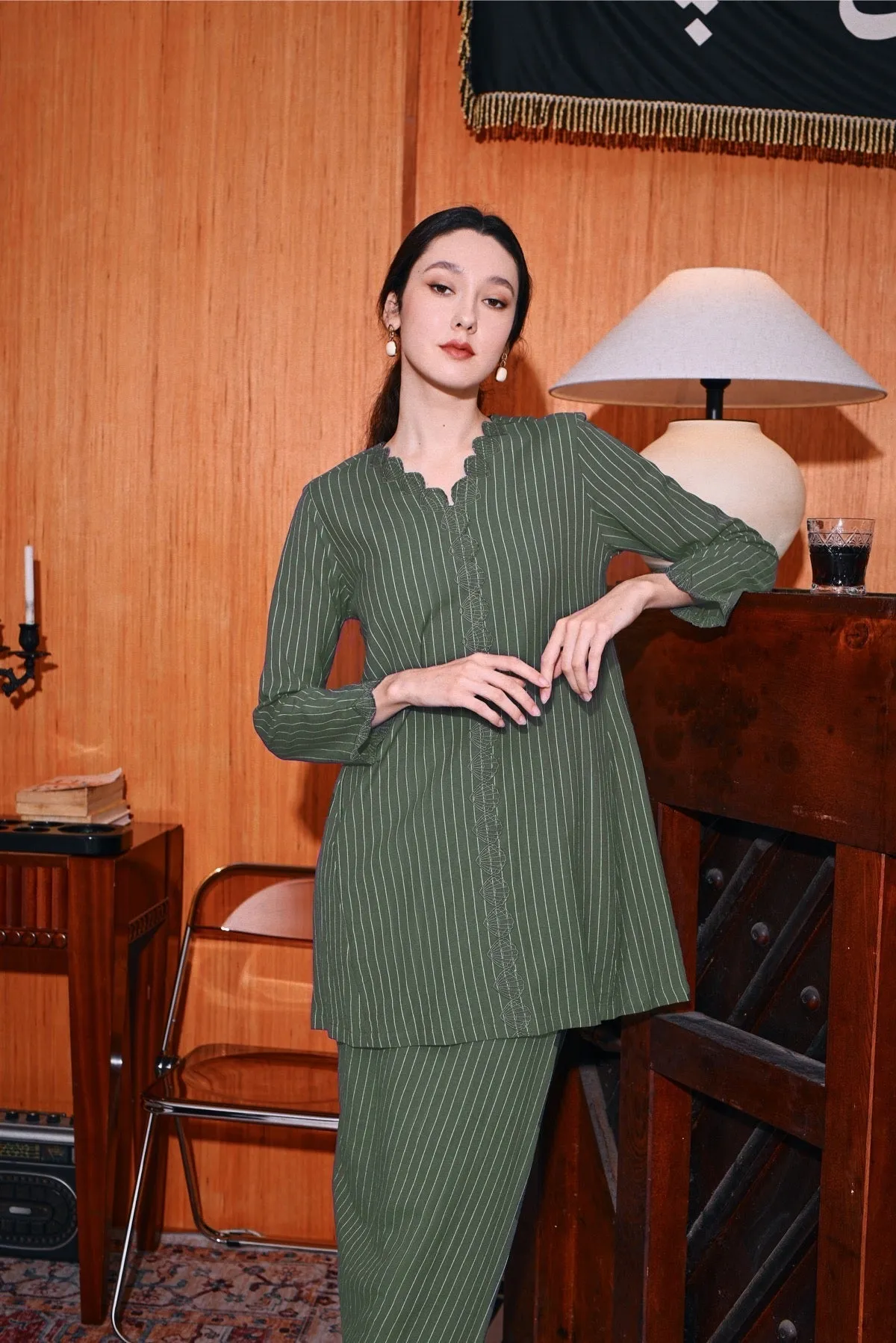 The Congkak Women Folded Skirt - Olive Stripe
