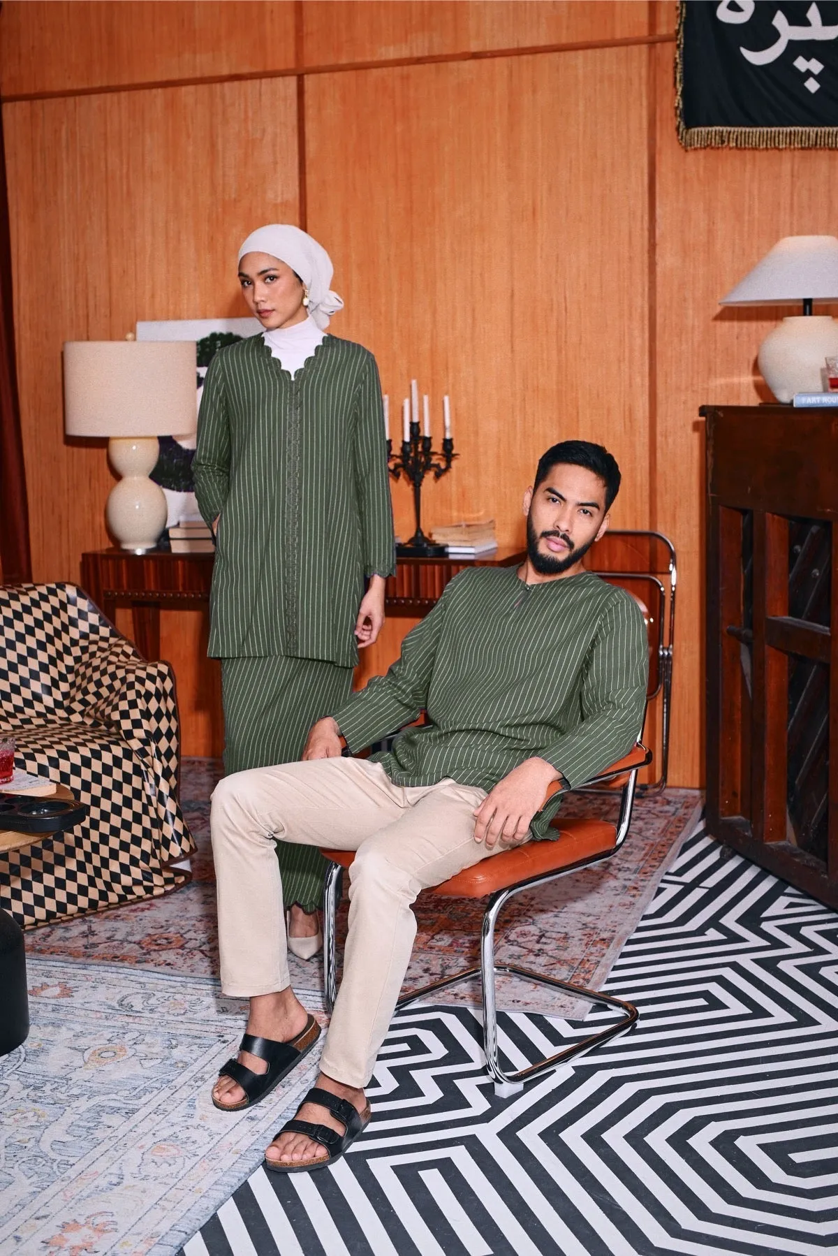 The Congkak Women Folded Skirt - Olive Stripe