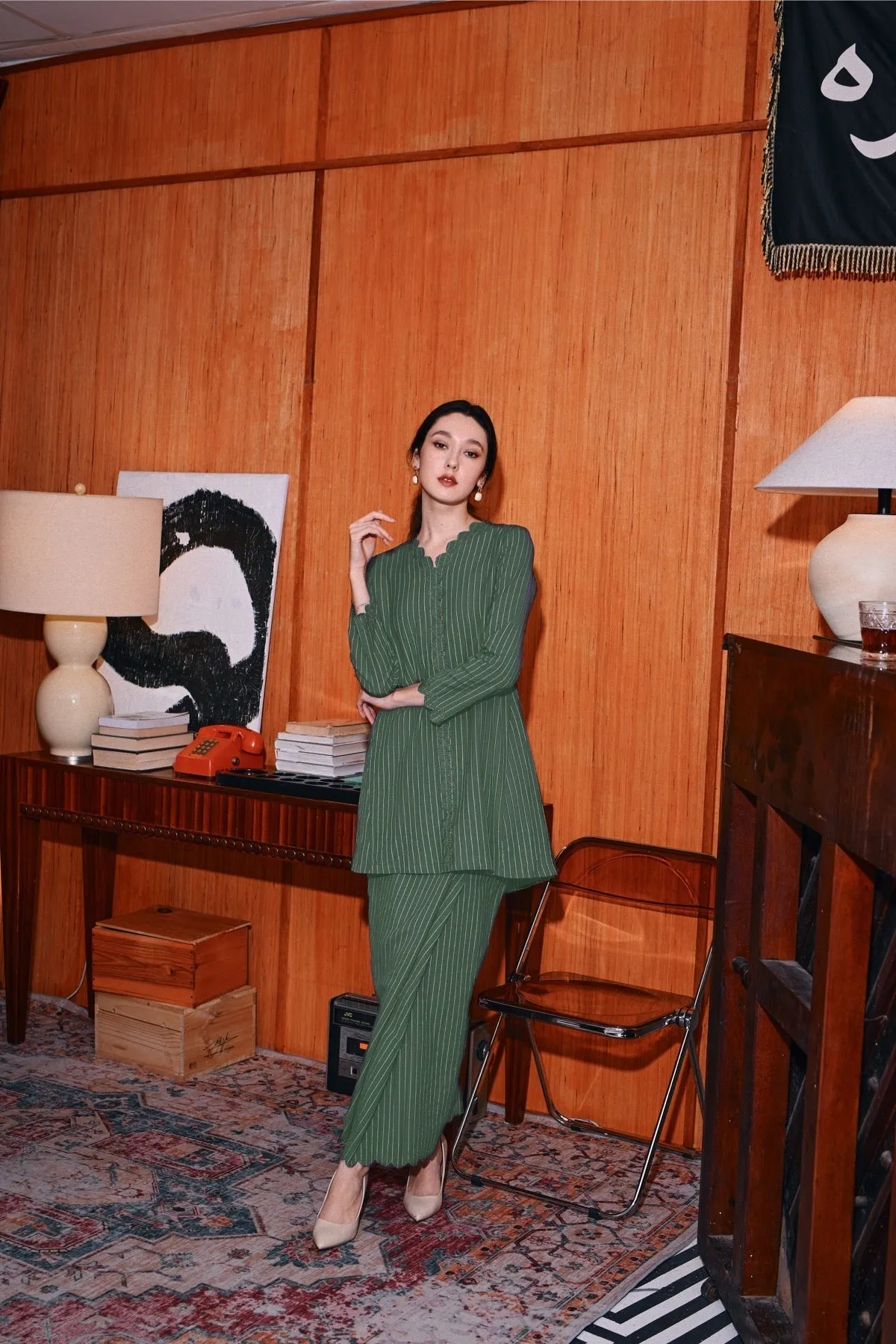 The Congkak Women Folded Skirt - Olive Stripe