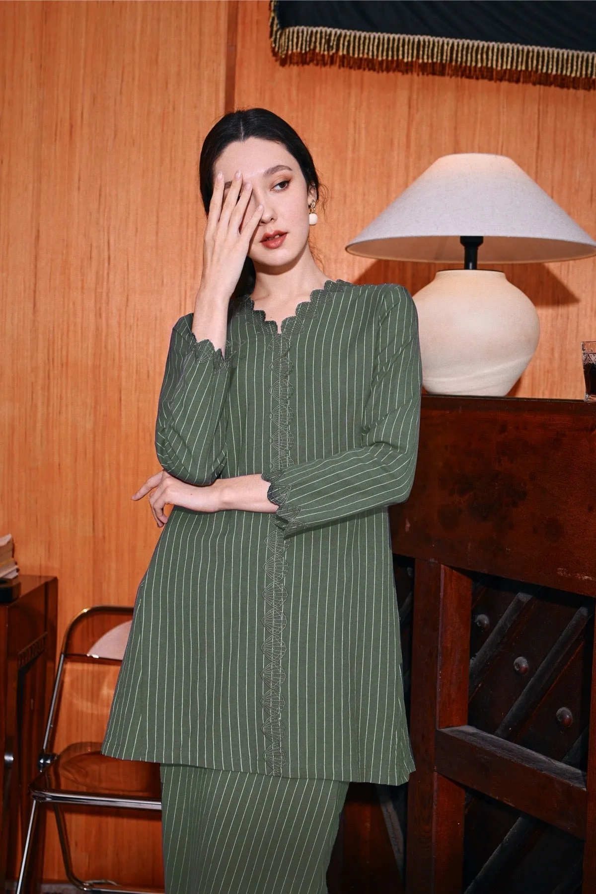 The Congkak Women Folded Skirt - Olive Stripe