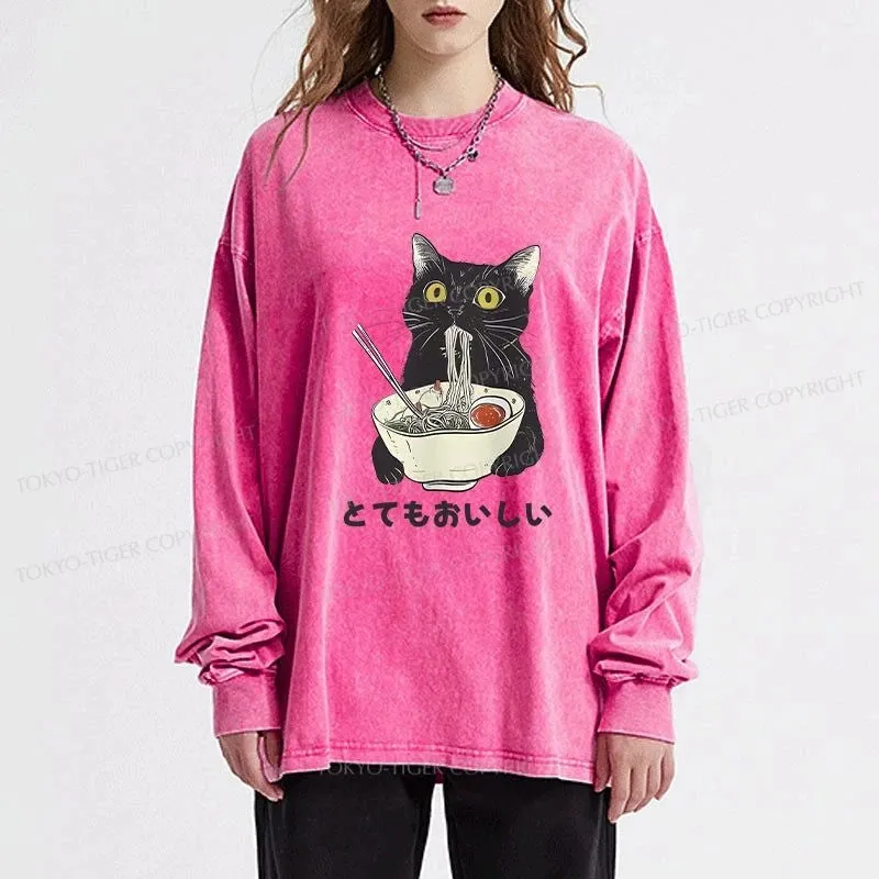 Tokyo-Tiger Cats Eat Ramen Noodles Washed Long Sleeve T-Shirt