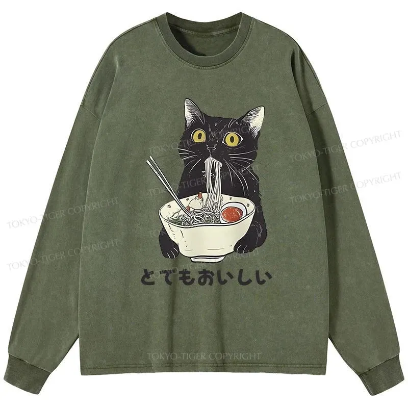 Tokyo-Tiger Cats Eat Ramen Noodles Washed Long Sleeve T-Shirt
