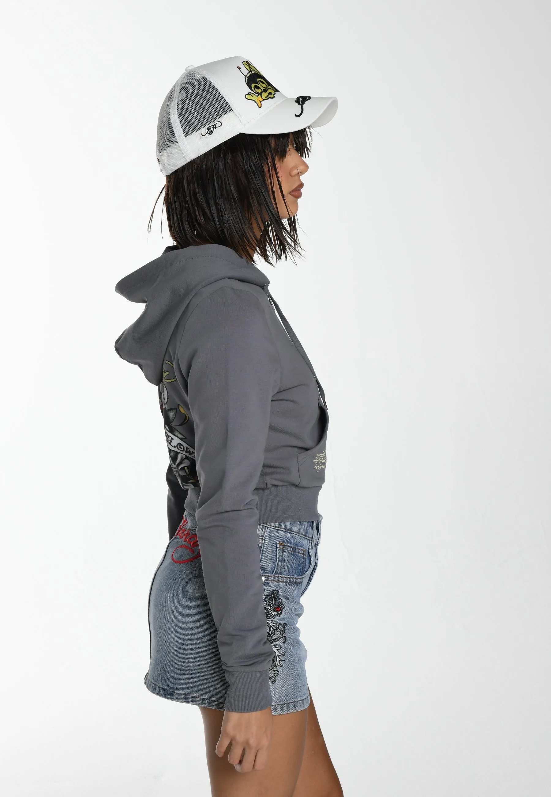 Womens Lks Graphic Cropped Zip Thru Hoodie - Grey