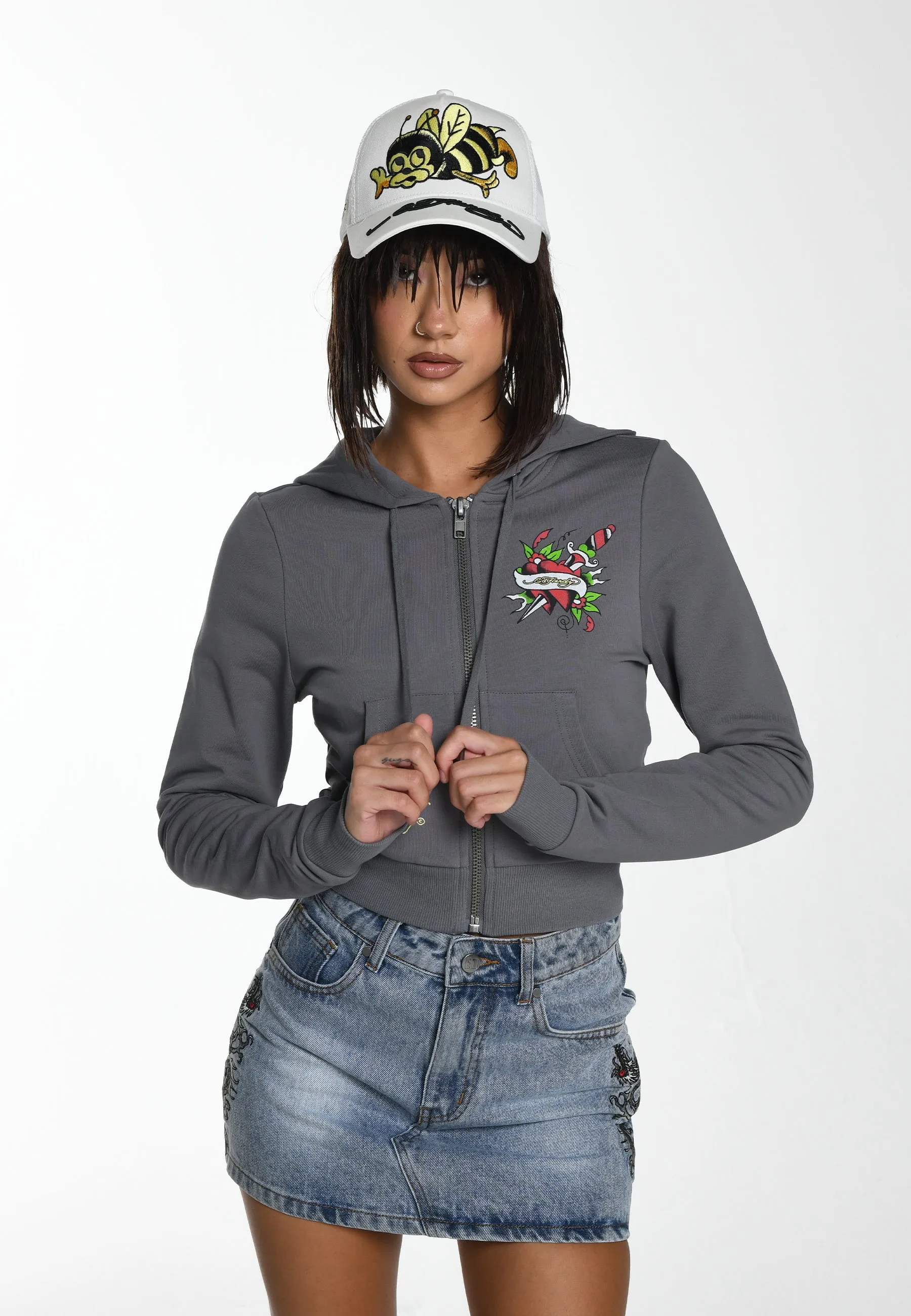 Womens Lks Graphic Cropped Zip Thru Hoodie - Grey