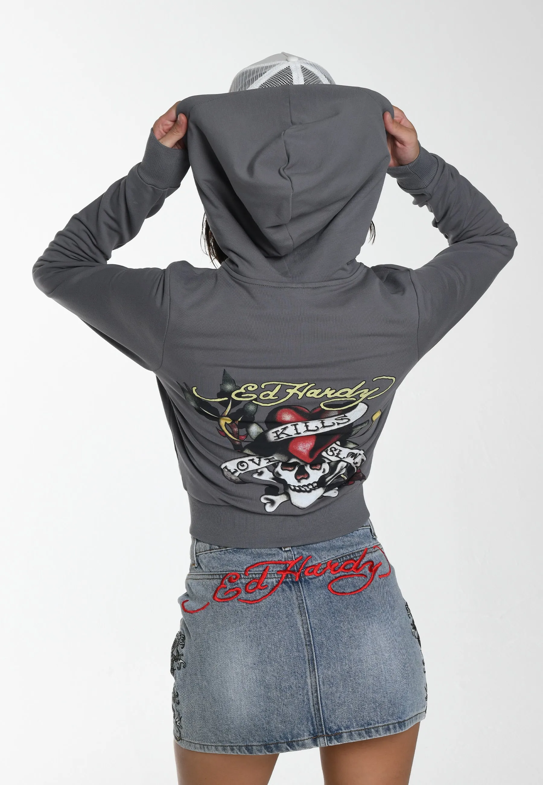 Womens Lks Graphic Cropped Zip Thru Hoodie - Grey