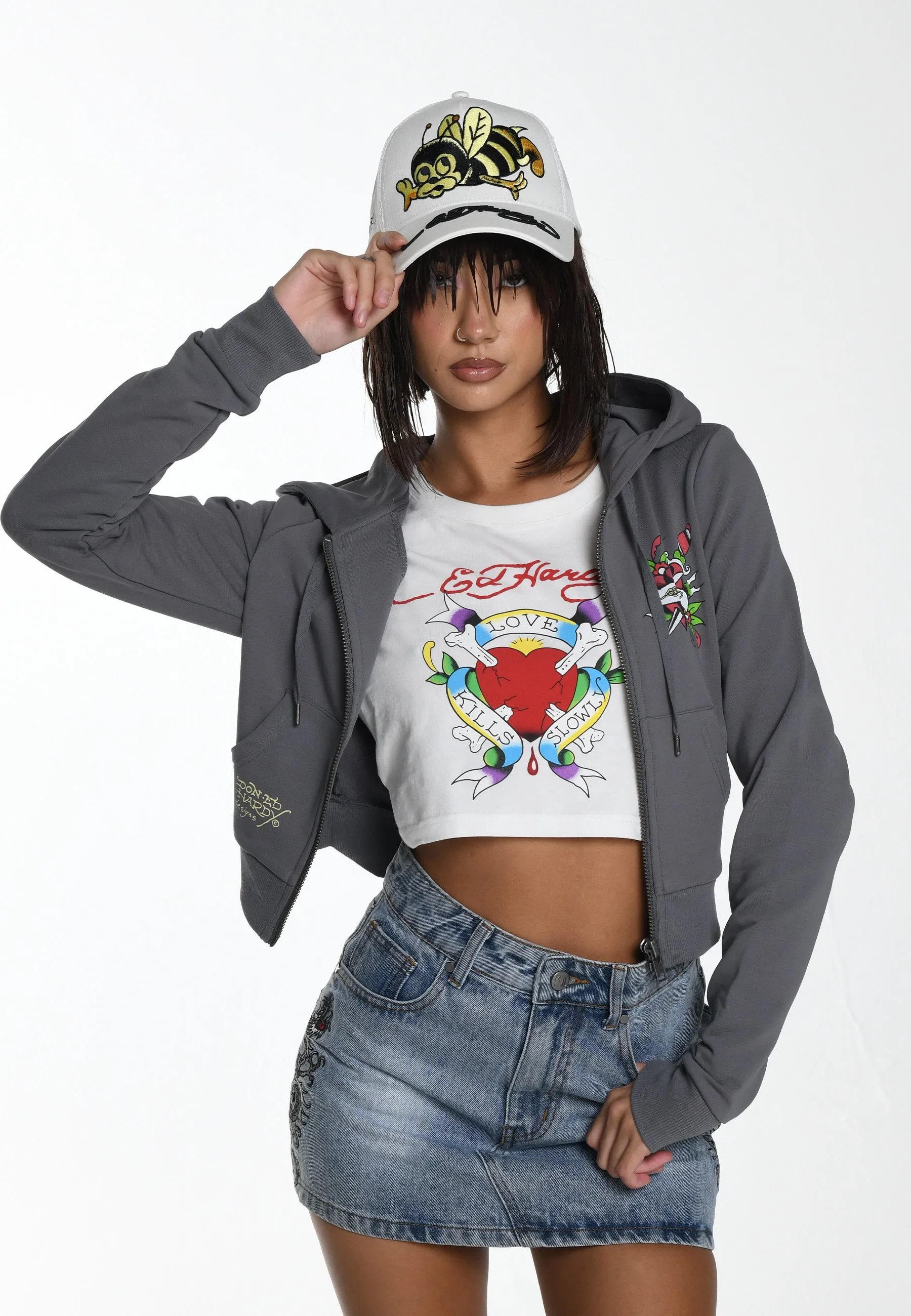 Womens Lks Graphic Cropped Zip Thru Hoodie - Grey