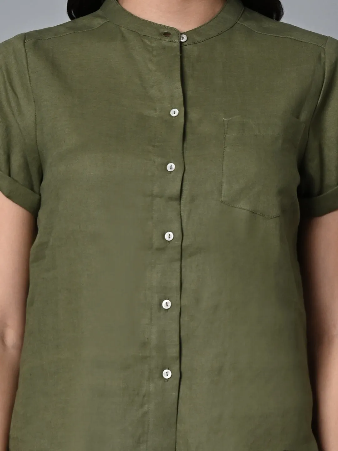 Women's Olive Linen Regular Fit Blouse