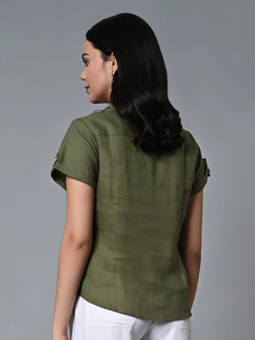 Women's Olive Linen Regular Fit Blouse