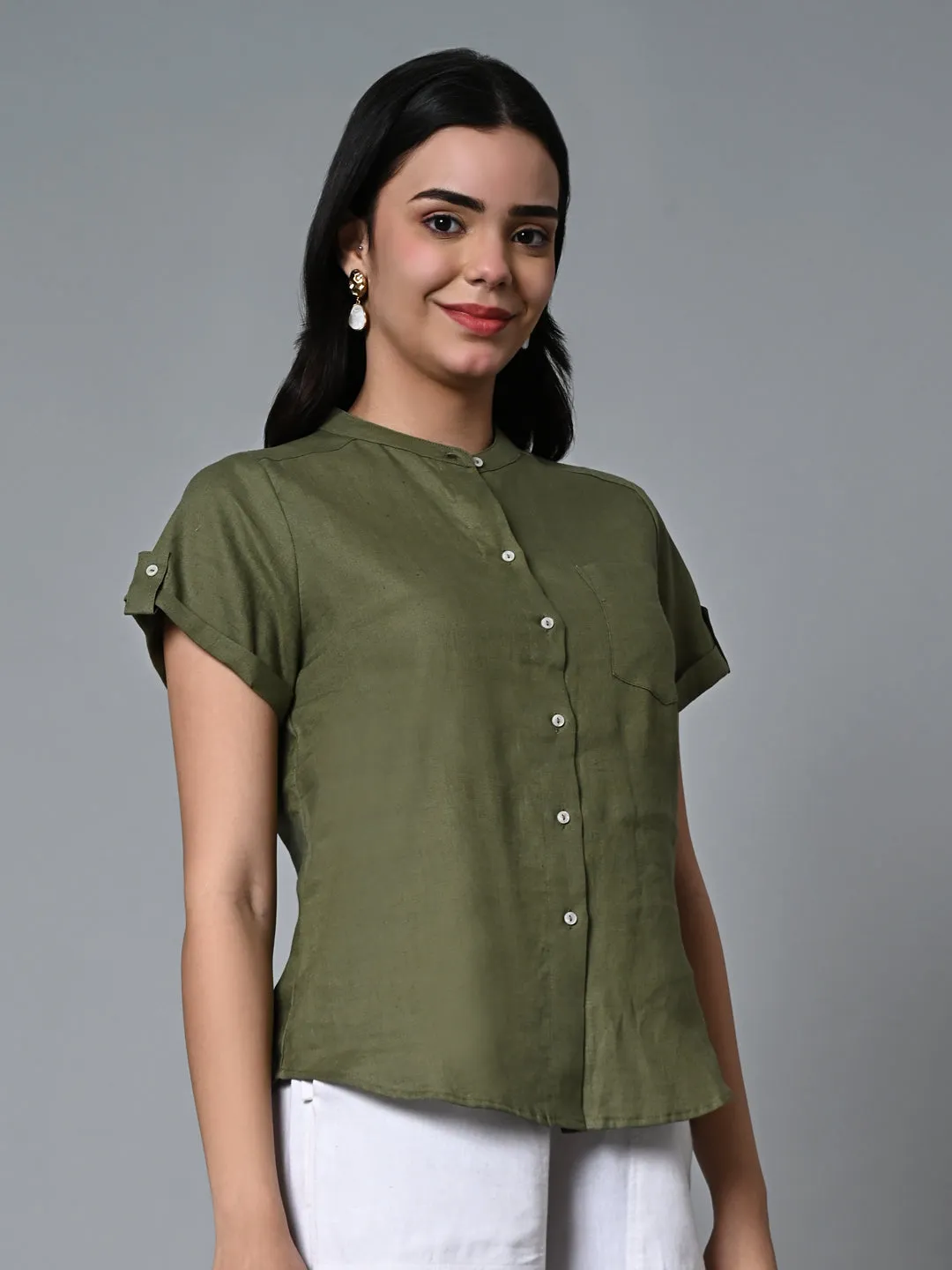 Women's Olive Linen Regular Fit Blouse