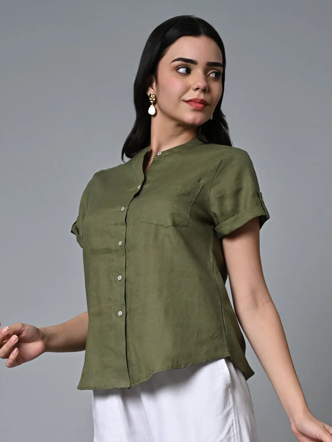 Women's Olive Linen Regular Fit Blouse
