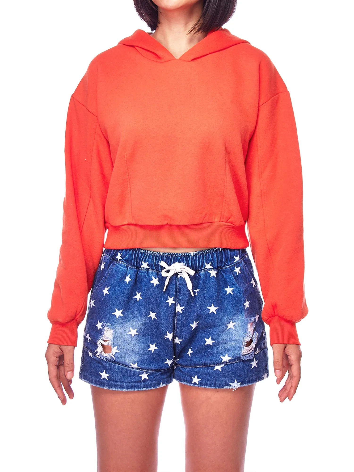 Women's Solid Long Sleeve Casual Pullover Crop Hoodie Sweatshirt (FWH1072)