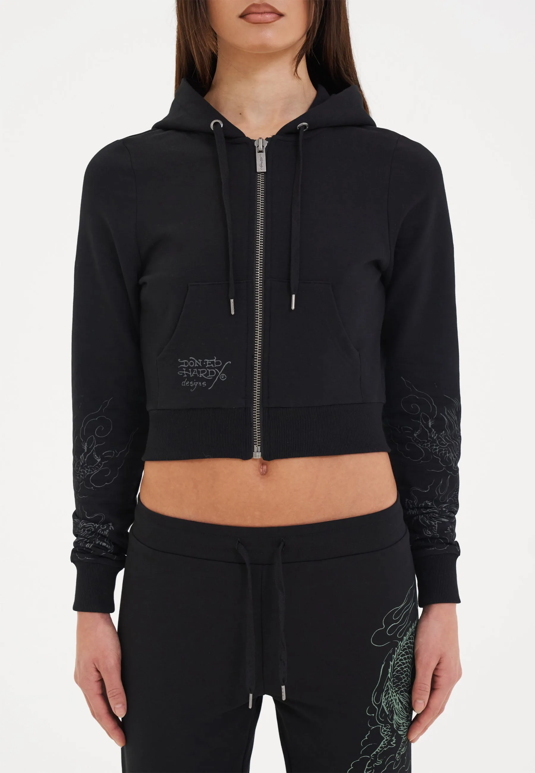 Womens Twisted Dragon Graphic Cropped Zip Thru Hoodie - Black