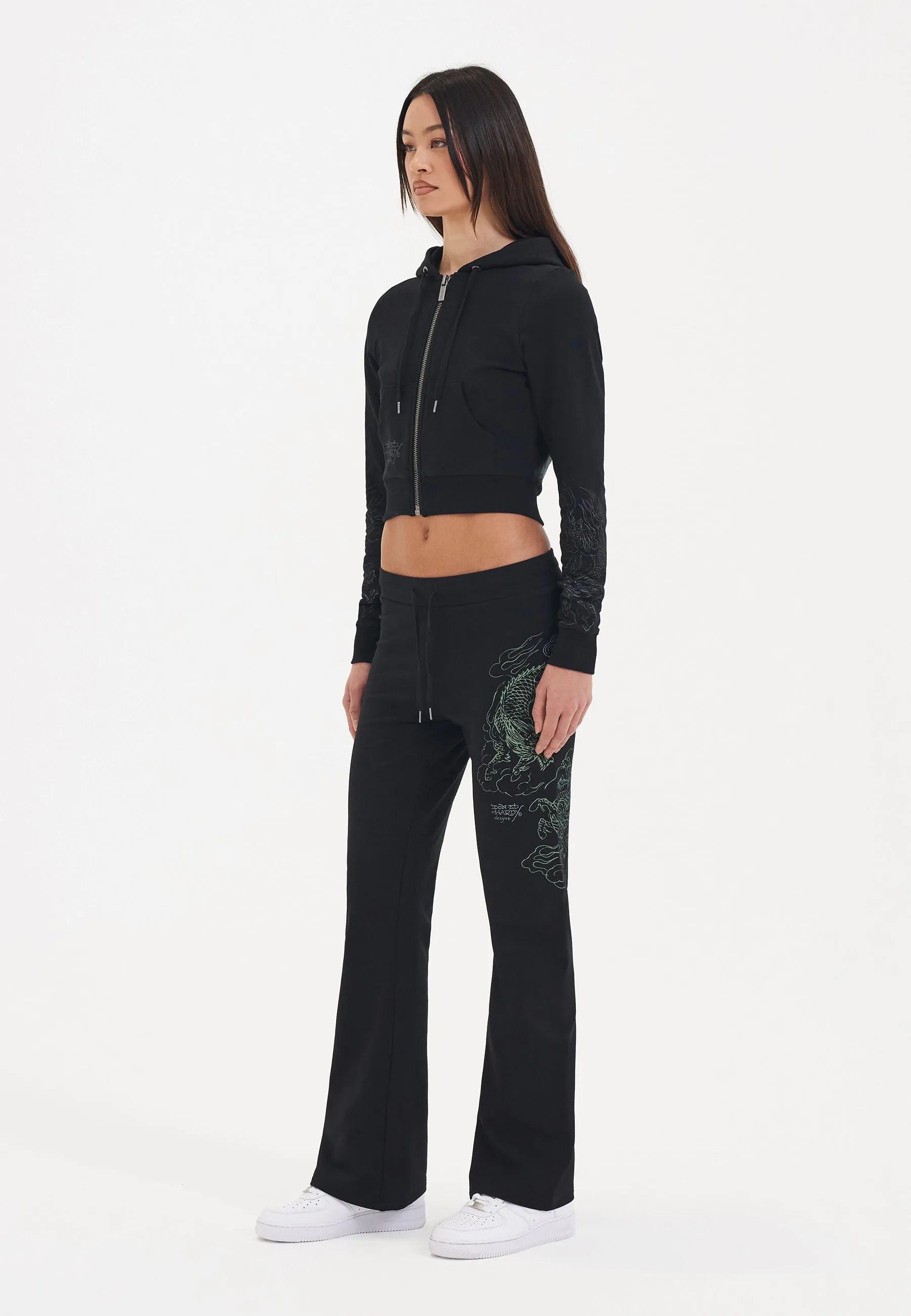 Womens Twisted Dragon Graphic Cropped Zip Thru Hoodie - Black