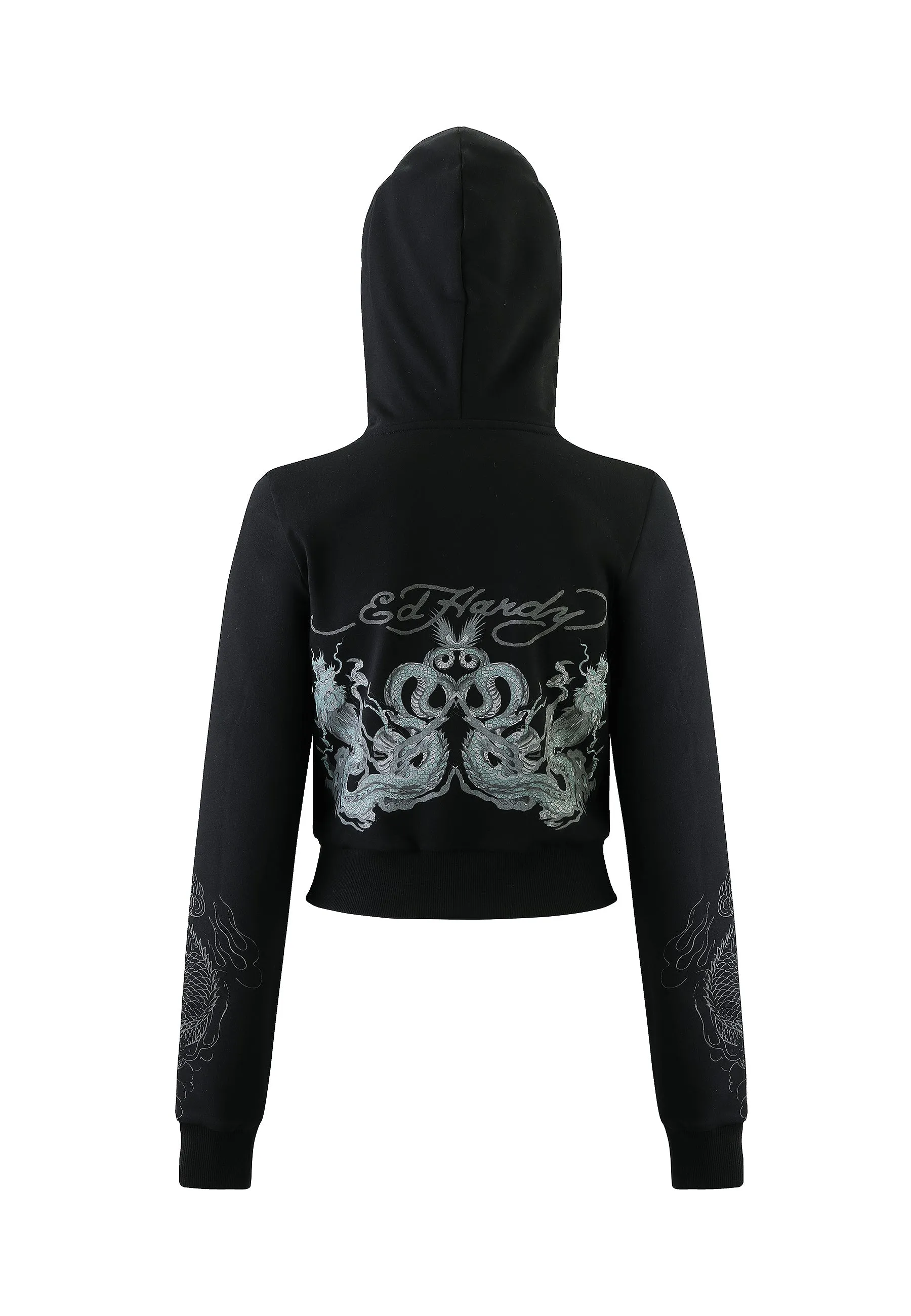 Womens Twisted Dragon Graphic Cropped Zip Thru Hoodie - Black