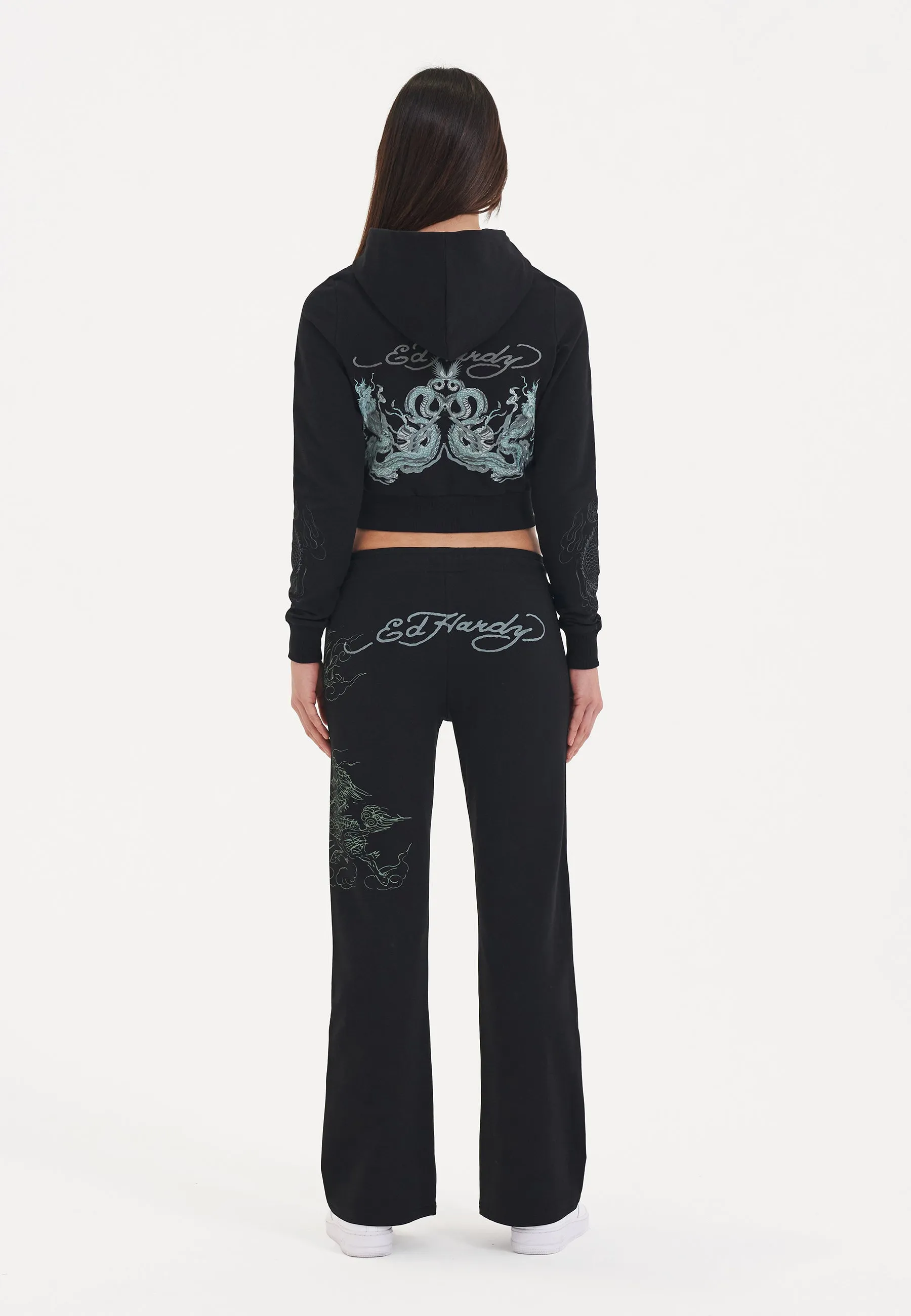 Womens Twisted Dragon Graphic Cropped Zip Thru Hoodie - Black
